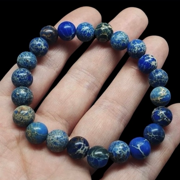 Source Unknown Other - Men’s Polished Blue Sea Sediment Beaded Stretch Bracelet, 6mm Natural Stone, 7"